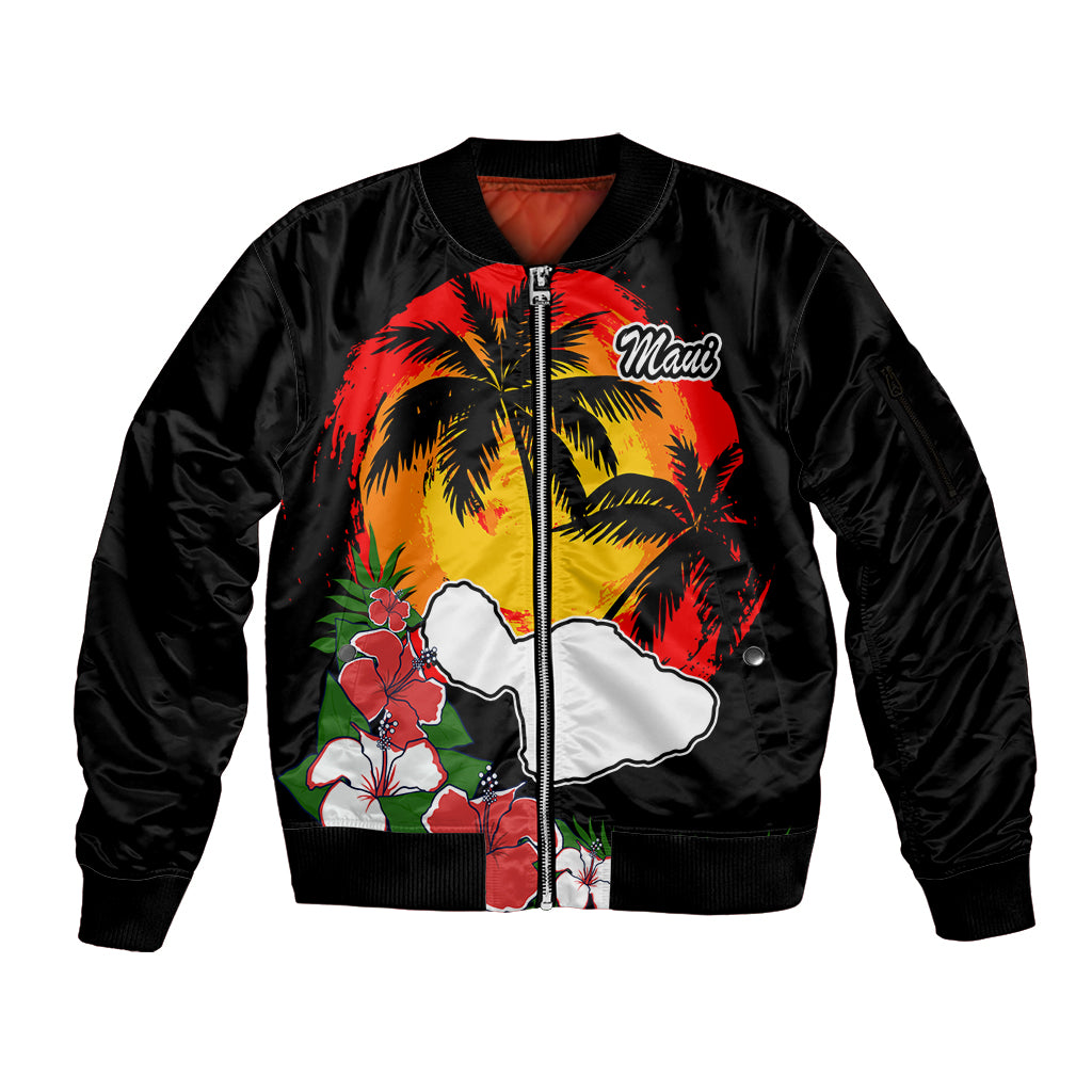 Hawaii Maui Island Sleeve Zip Bomber Jacket Maui Map With Tropical Forest Vintage Style LT03 Unisex Black - Polynesian Pride