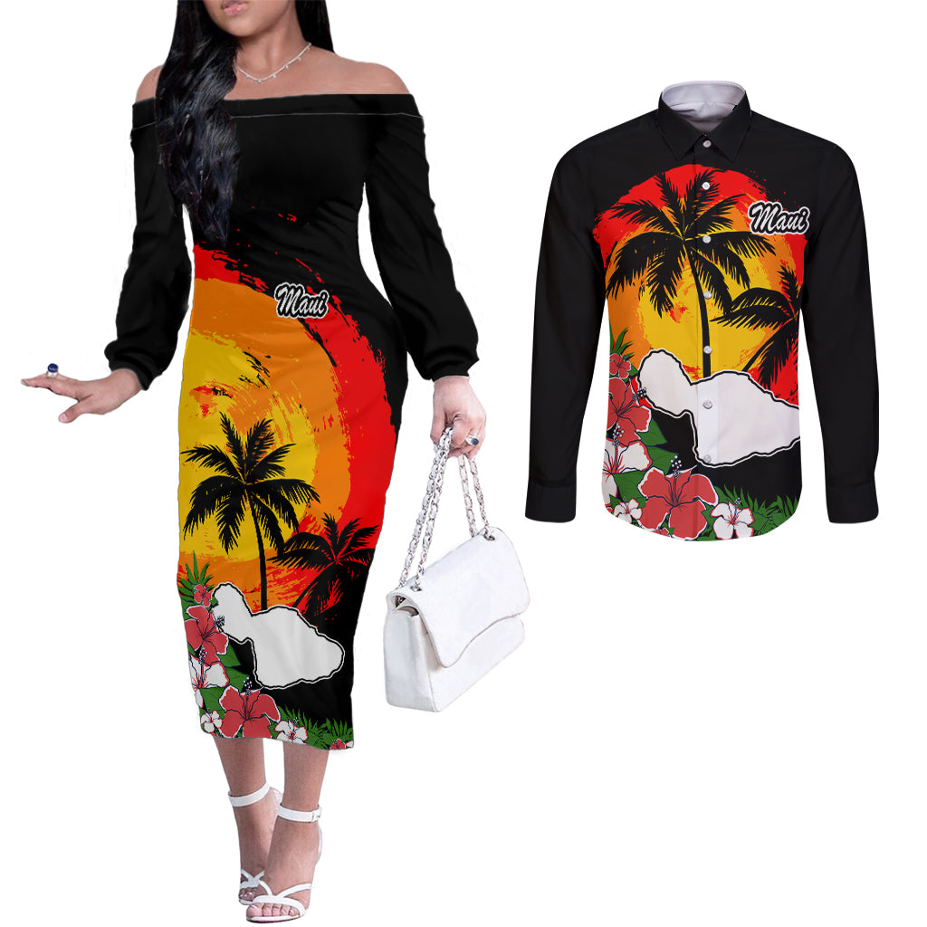 Custom Hawaii Maui Island Couples Matching Off The Shoulder Long Sleeve Dress and Long Sleeve Button Shirts Maui Map With Tropical Forest Vintage Style LT03 Black - Polynesian Pride