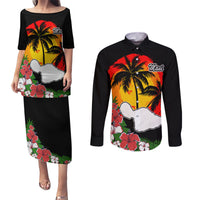 Custom Hawaii Maui Island Couples Matching Puletasi Dress and Long Sleeve Button Shirts Maui Map With Tropical Forest Vintage Style LT03 Black - Polynesian Pride