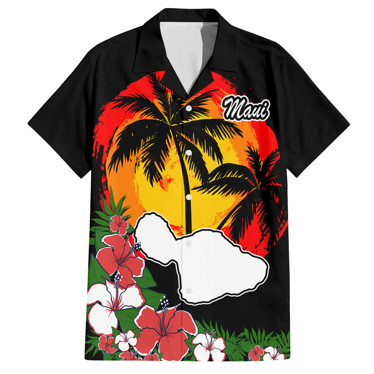 Custom Hawaii Maui Island Family Matching Summer Maxi Dress and Hawaiian Shirt Maui Map With Tropical Forest Vintage Style LT03 Dad's Shirt - Short Sleeve Black - Polynesian Pride