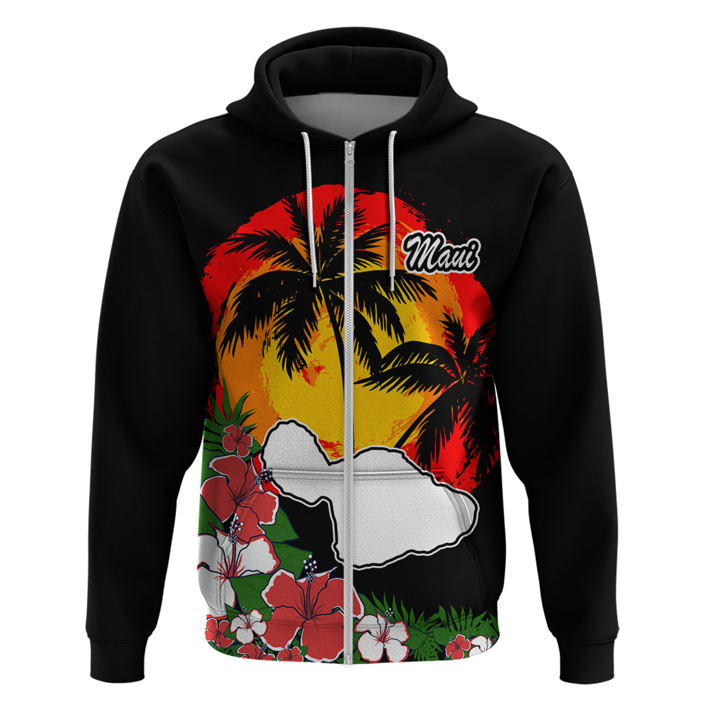 Custom Hawaii Maui Island Hoodie Maui Map With Tropical Forest Vintage Style LT03 Zip Hoodie Black - Polynesian Pride