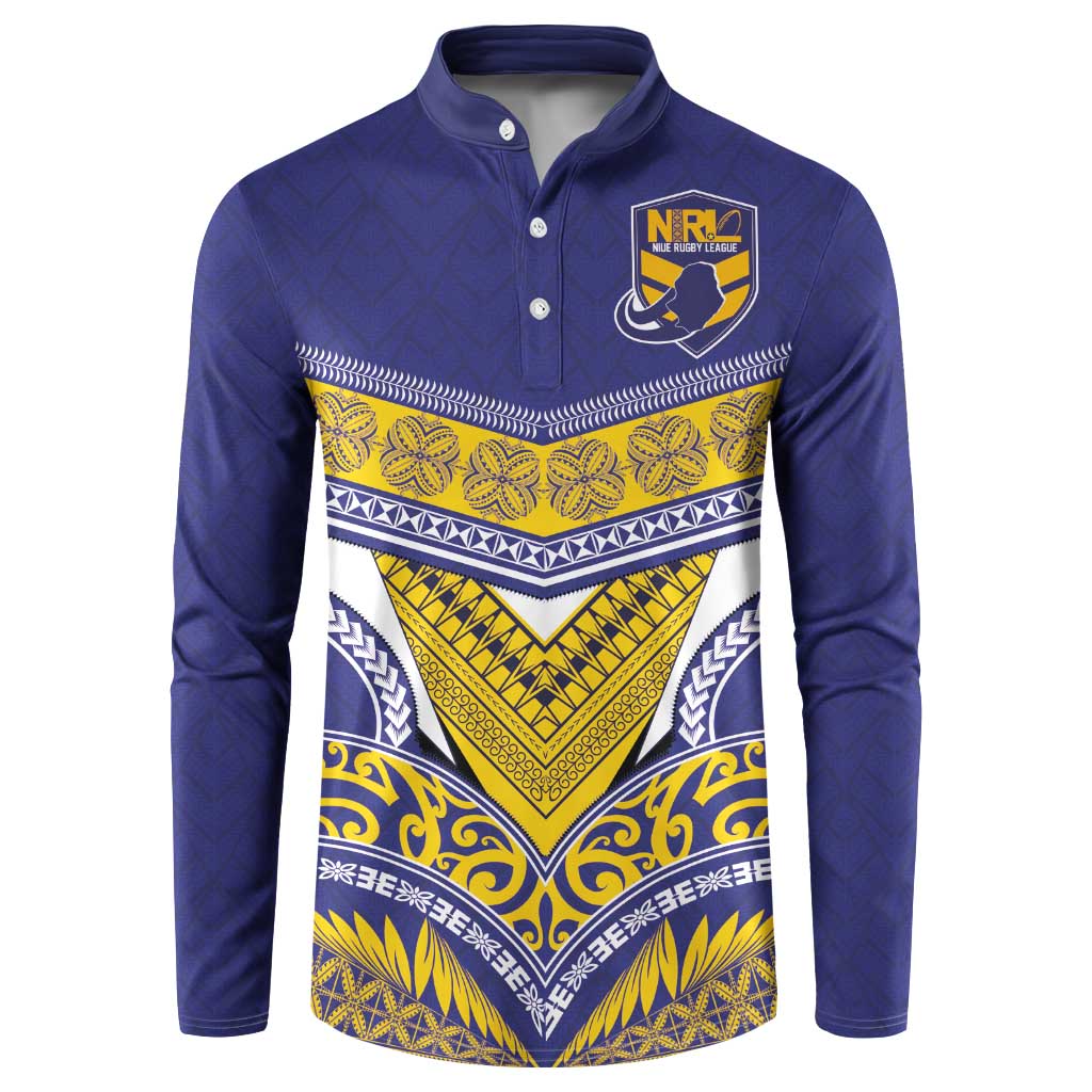 Custom Rugby Niue Button Sweatshirt Hiapo Tribal Heritage Tattoos Blue Color - Polynesian Pride