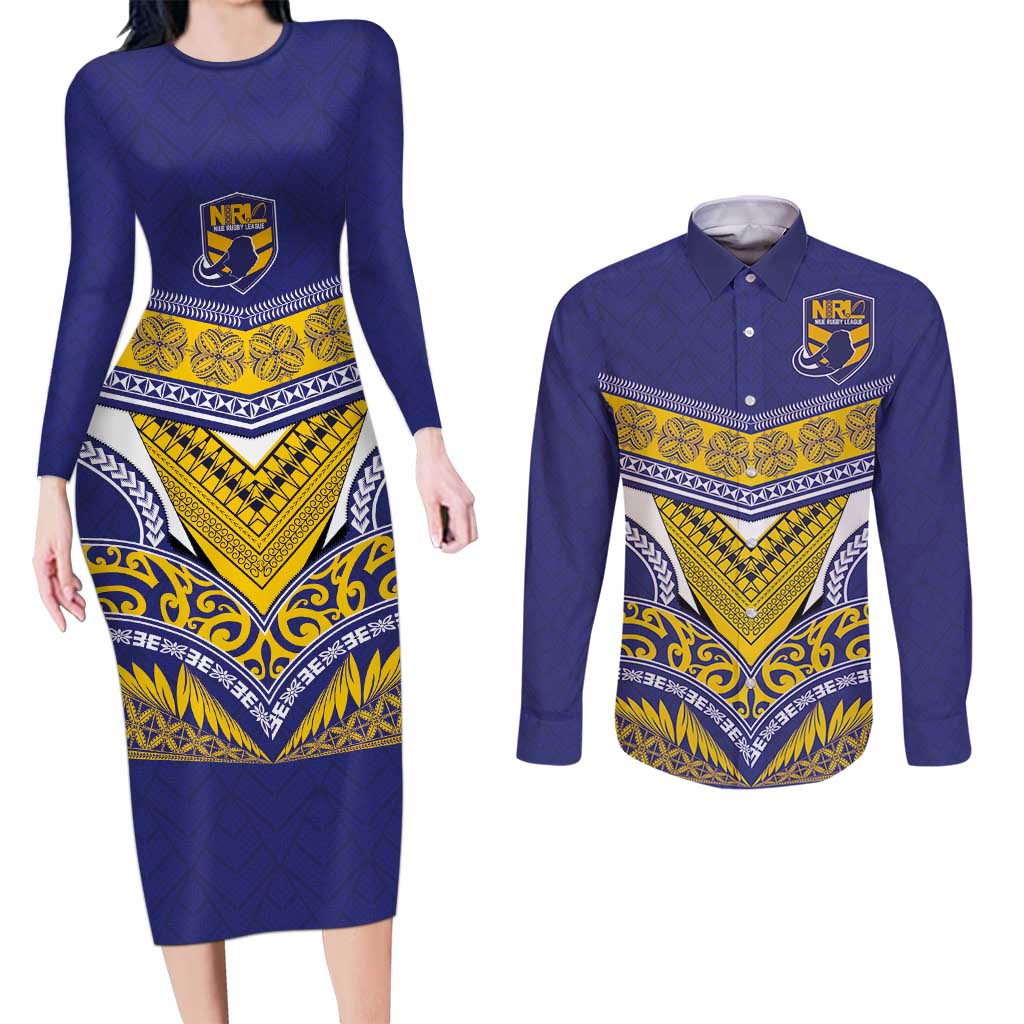 Custom Rugby Niue Couples Matching Long Sleeve Bodycon Dress and Long Sleeve Button Shirt Hiapo Tribal Heritage Tattoos Blue Color - Polynesian Pride