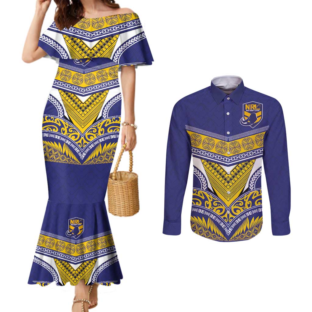 Custom Rugby Niue Couples Matching Mermaid Dress and Long Sleeve Button Shirt Hiapo Tribal Heritage Tattoos Blue Color - Polynesian Pride