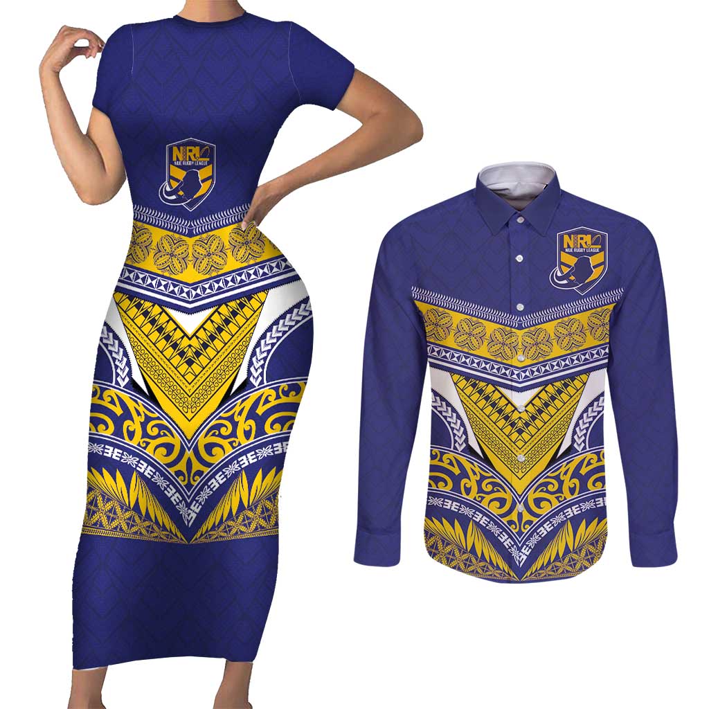 Custom Rugby Niue Couples Matching Short Sleeve Bodycon Dress and Long Sleeve Button Shirt Hiapo Tribal Heritage Tattoos Blue Color - Polynesian Pride