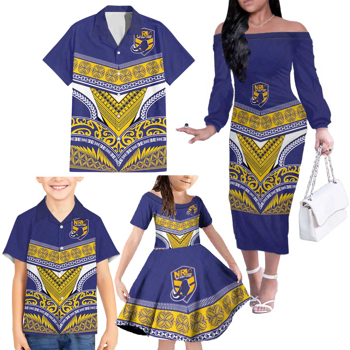 Custom Rugby Niue Family Matching Off The Shoulder Long Sleeve Dress and Hawaiian Shirt Hiapo Tribal Heritage Tattoos Blue Color - Polynesian Pride