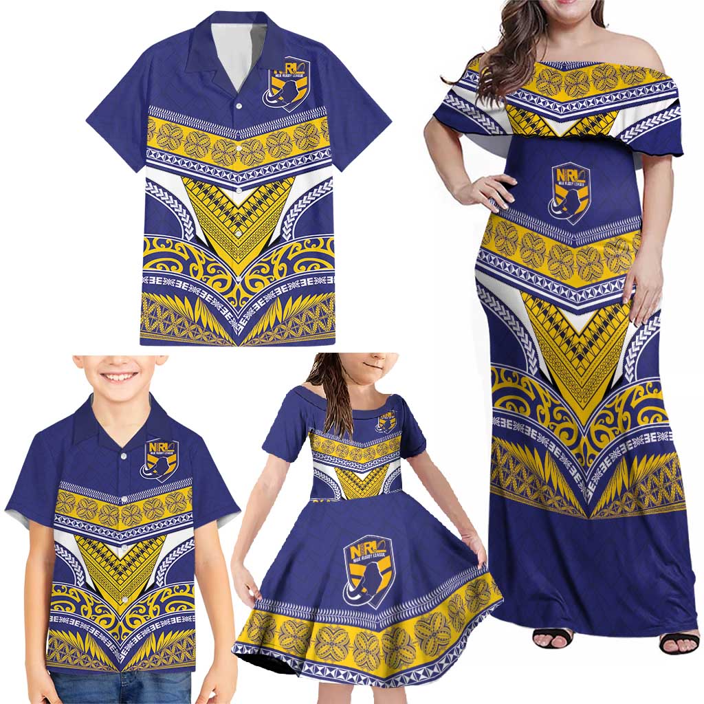 Custom Rugby Niue Family Matching Off Shoulder Maxi Dress and Hawaiian Shirt Hiapo Tribal Heritage Tattoos Blue Color - Polynesian Pride