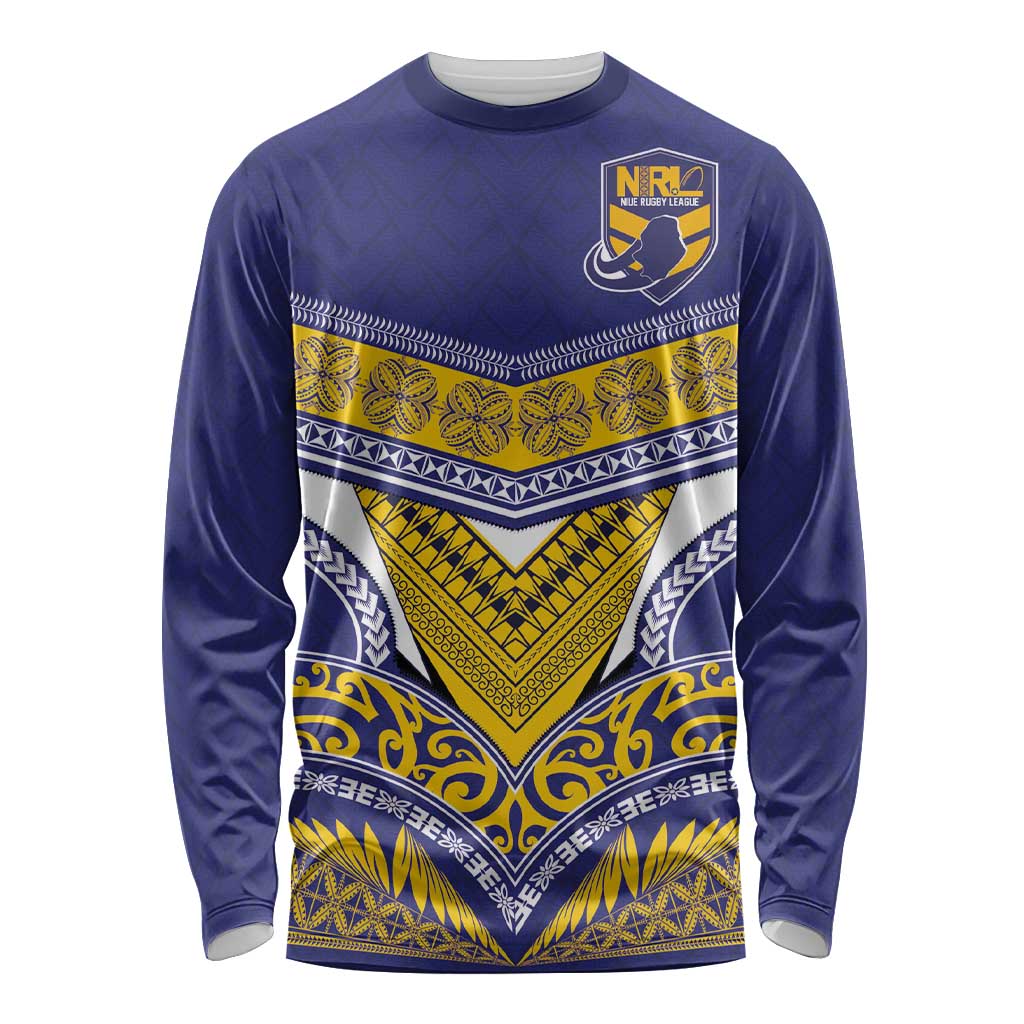 Custom Rugby Niue Long Sleeve Shirt Hiapo Tribal Heritage Tattoos Blue Color - Polynesian Pride