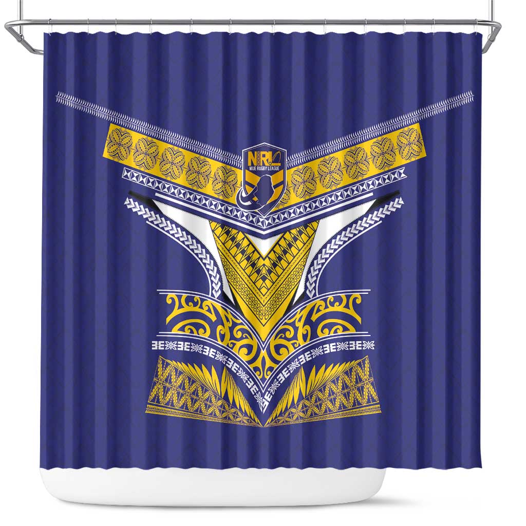 Rugby Niue Shower Curtain Hiapo Tribal Heritage Tattoos Blue Color - Polynesian Pride