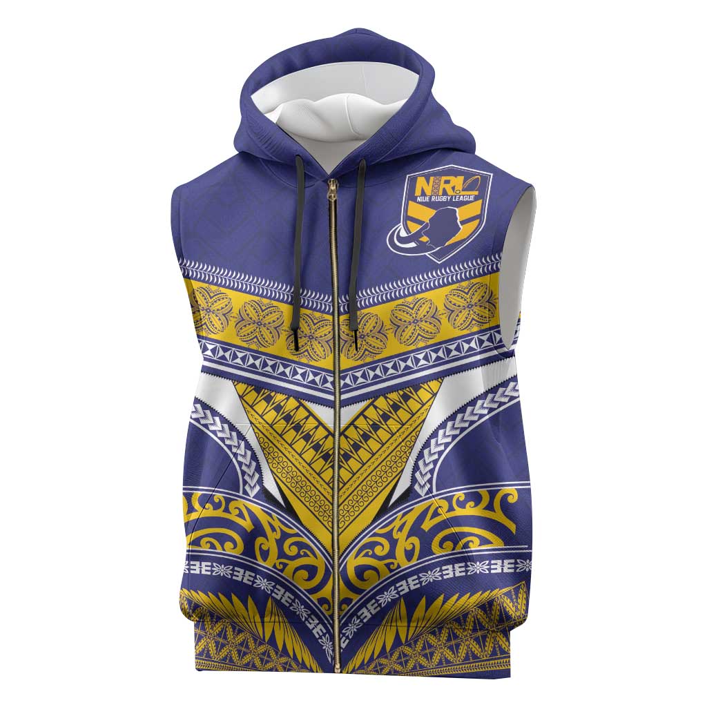 Custom Rugby Niue Sleeveless Zip Hoodie Hiapo Tribal Heritage Tattoos Blue Color - Polynesian Pride