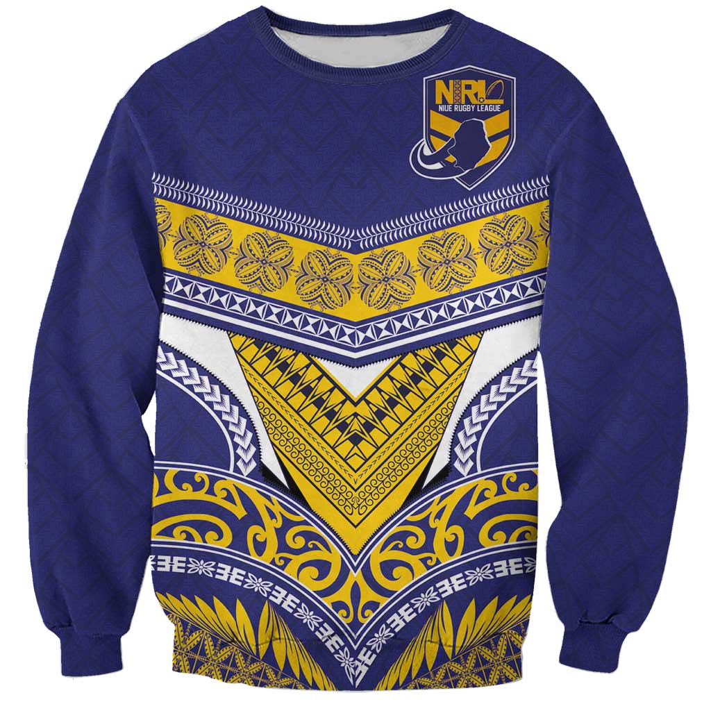 Custom Rugby Niue Sweatshirt Hiapo Tribal Heritage Tattoos Blue Color - Polynesian Pride