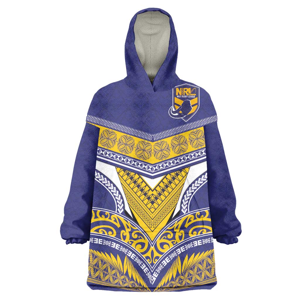 Custom Rugby Niue Wearable Blanket Hoodie Hiapo Tribal Heritage Tattoos Blue Color - Polynesian Pride
