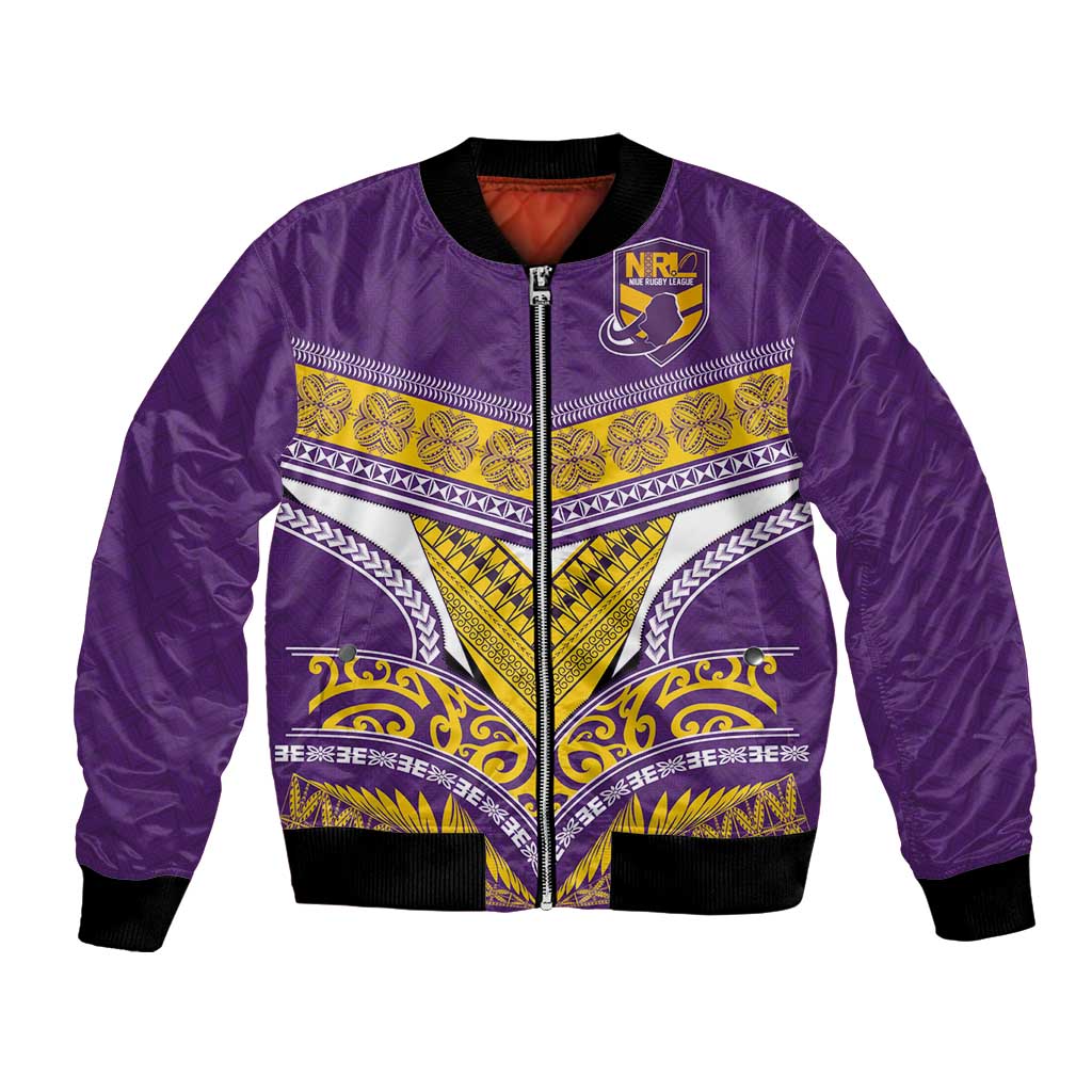 Custom Rugby Niue Bomber Jacket Hiapo Tribal Heritage Tattoos Purple Color - Polynesian Pride