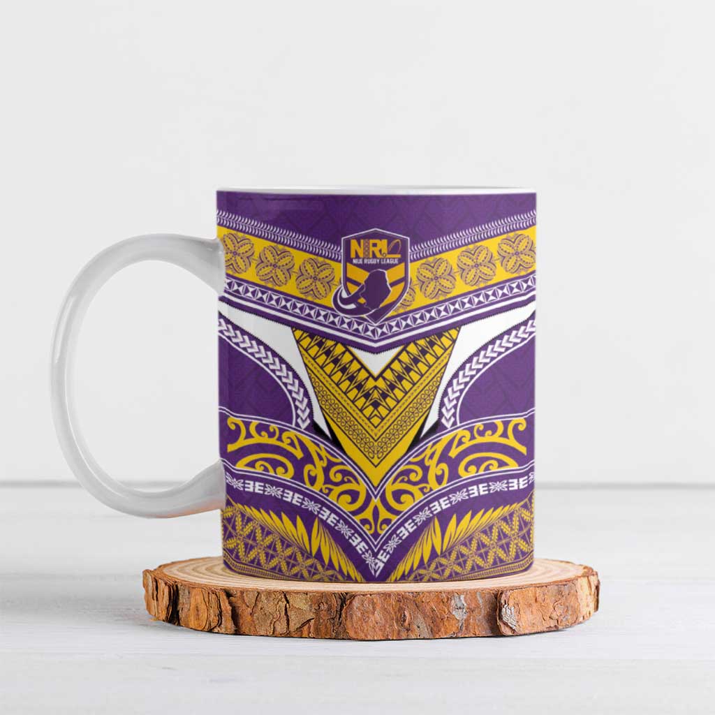 Custom Rugby Niue Ceramic Mug Hiapo Tribal Heritage Tattoos Purple Color - Polynesian Pride