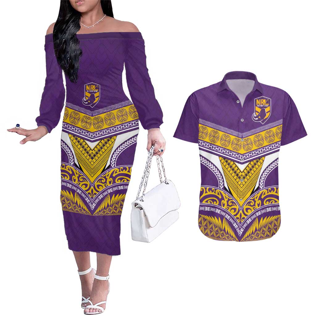 Custom Rugby Niue Couples Matching Off The Shoulder Long Sleeve Dress and Hawaiian Shirt Hiapo Tribal Heritage Tattoos Purple Color - Polynesian Pride