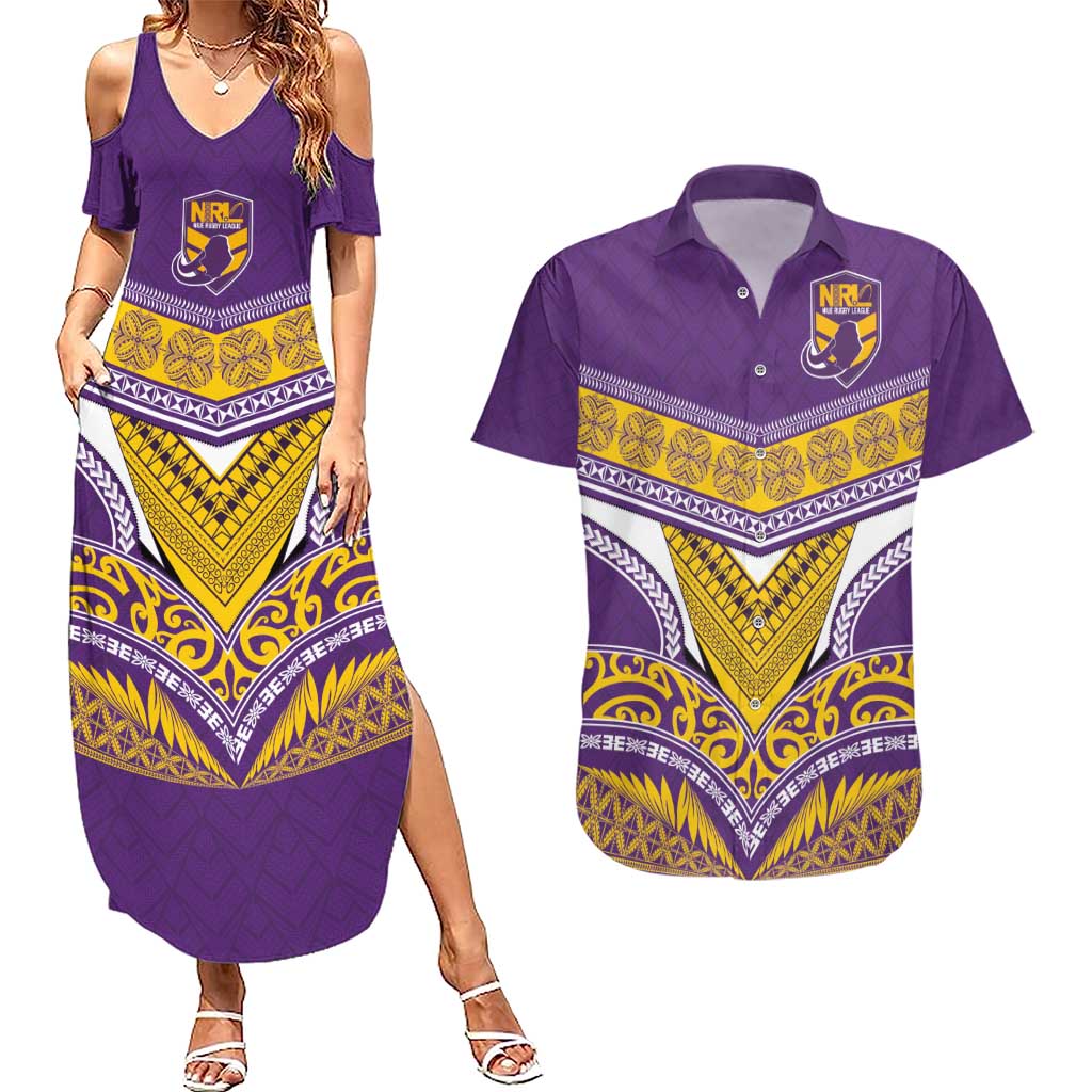 Custom Rugby Niue Couples Matching Summer Maxi Dress and Hawaiian Shirt Hiapo Tribal Heritage Tattoos Purple Color - Polynesian Pride