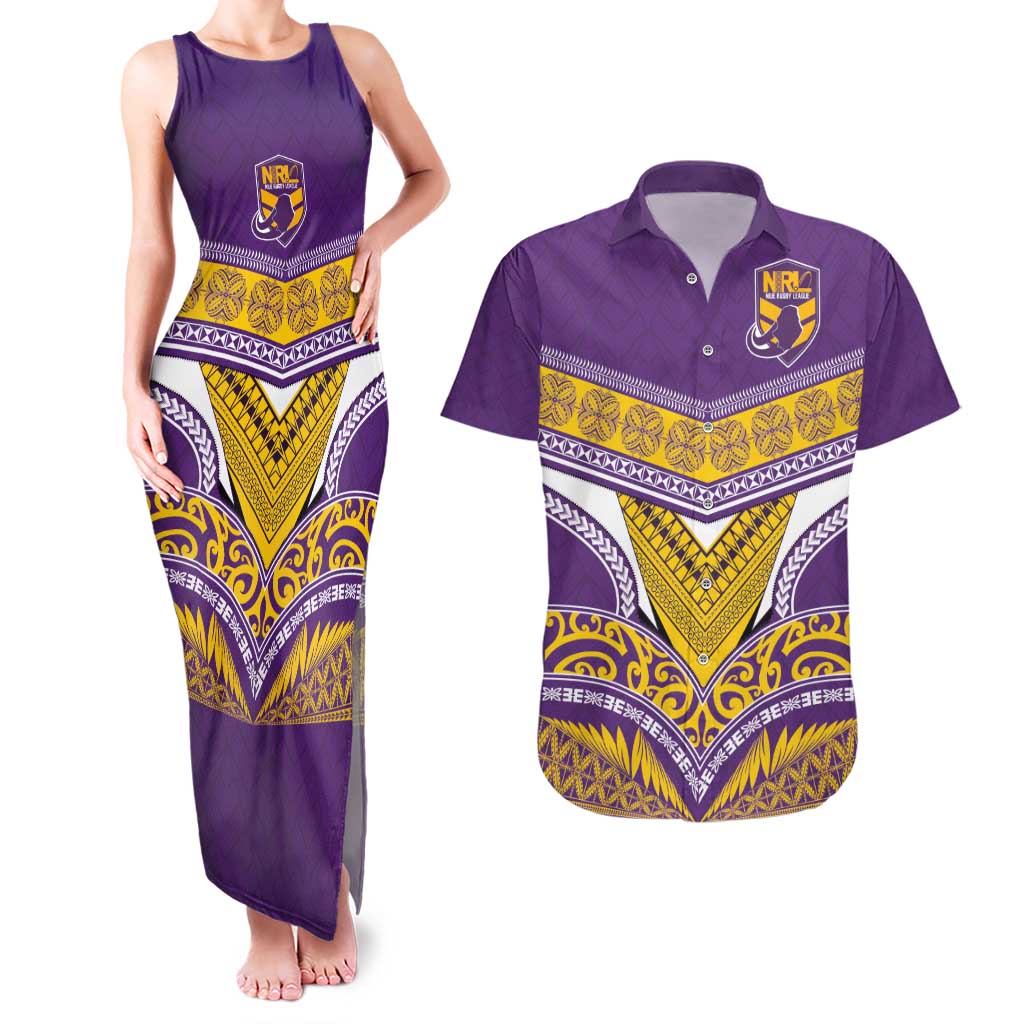 Custom Rugby Niue Couples Matching Tank Maxi Dress and Hawaiian Shirt Hiapo Tribal Heritage Tattoos Purple Color - Polynesian Pride