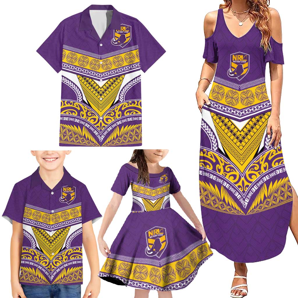 Custom Rugby Niue Family Matching Summer Maxi Dress and Hawaiian Shirt Hiapo Tribal Heritage Tattoos Purple Color - Polynesian Pride