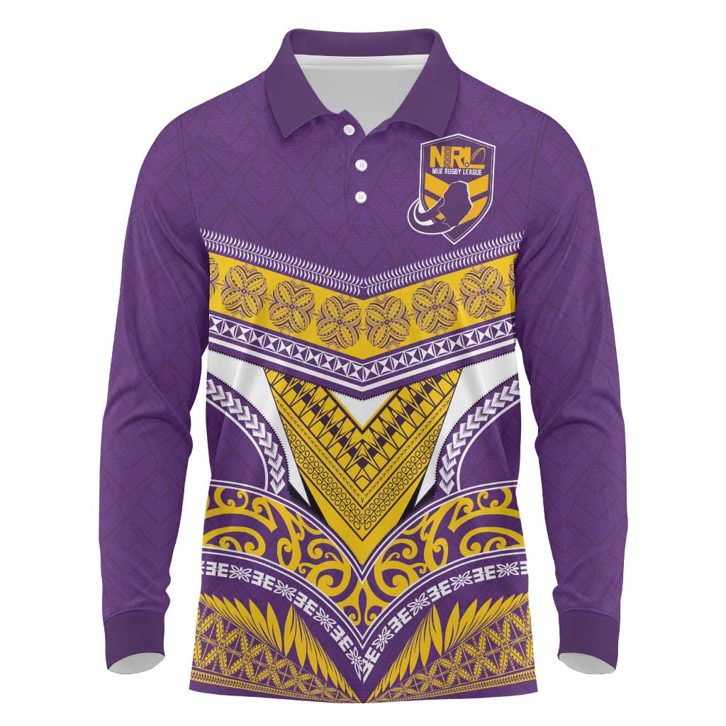 Custom Rugby Niue Long Sleeve Polo Shirt Hiapo Tribal Heritage Tattoos Purple Color - Polynesian Pride
