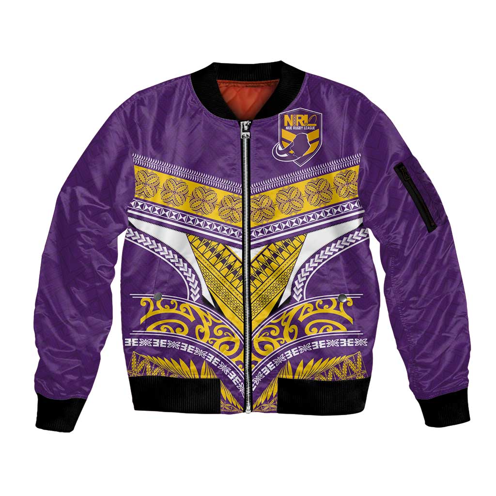 Custom Rugby Niue Sleeve Zip Bomber Jacket Hiapo Tribal Heritage Tattoos Purple Color - Polynesian Pride