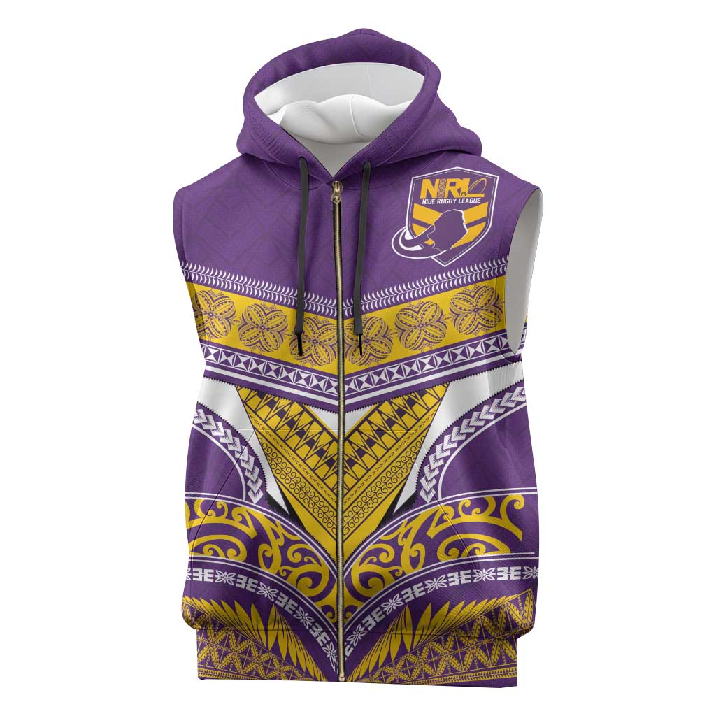 Custom Rugby Niue Sleeveless Zip Hoodie Hiapo Tribal Heritage Tattoos Purple Color - Polynesian Pride