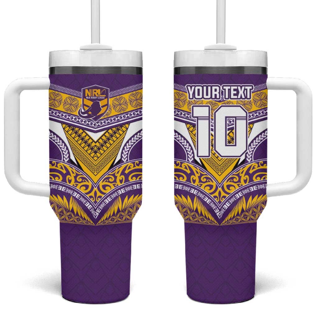 Custom Rugby Niue Tumbler With Handle Hiapo Tribal Heritage Tattoos Purple Color - Polynesian Pride