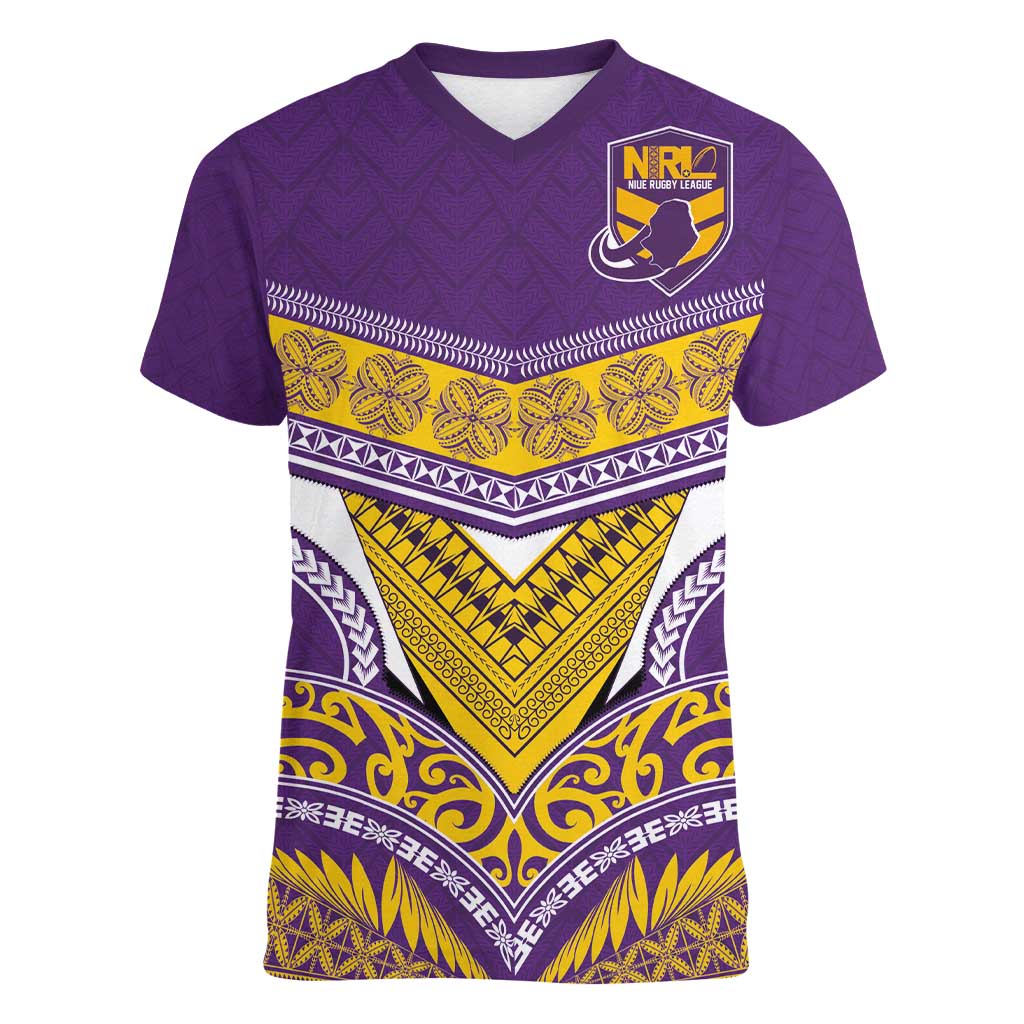 Custom Rugby Niue Women V-Neck T-Shirt Hiapo Tribal Heritage Tattoos Purple Color - Polynesian Pride