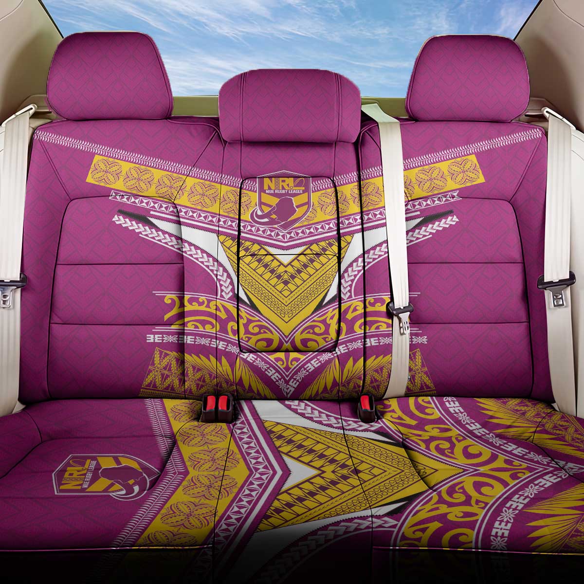 Rugby Niue Back Car Seat Cover Hiapo Tribal Heritage Tattoos Pink Color - Polynesian Pride