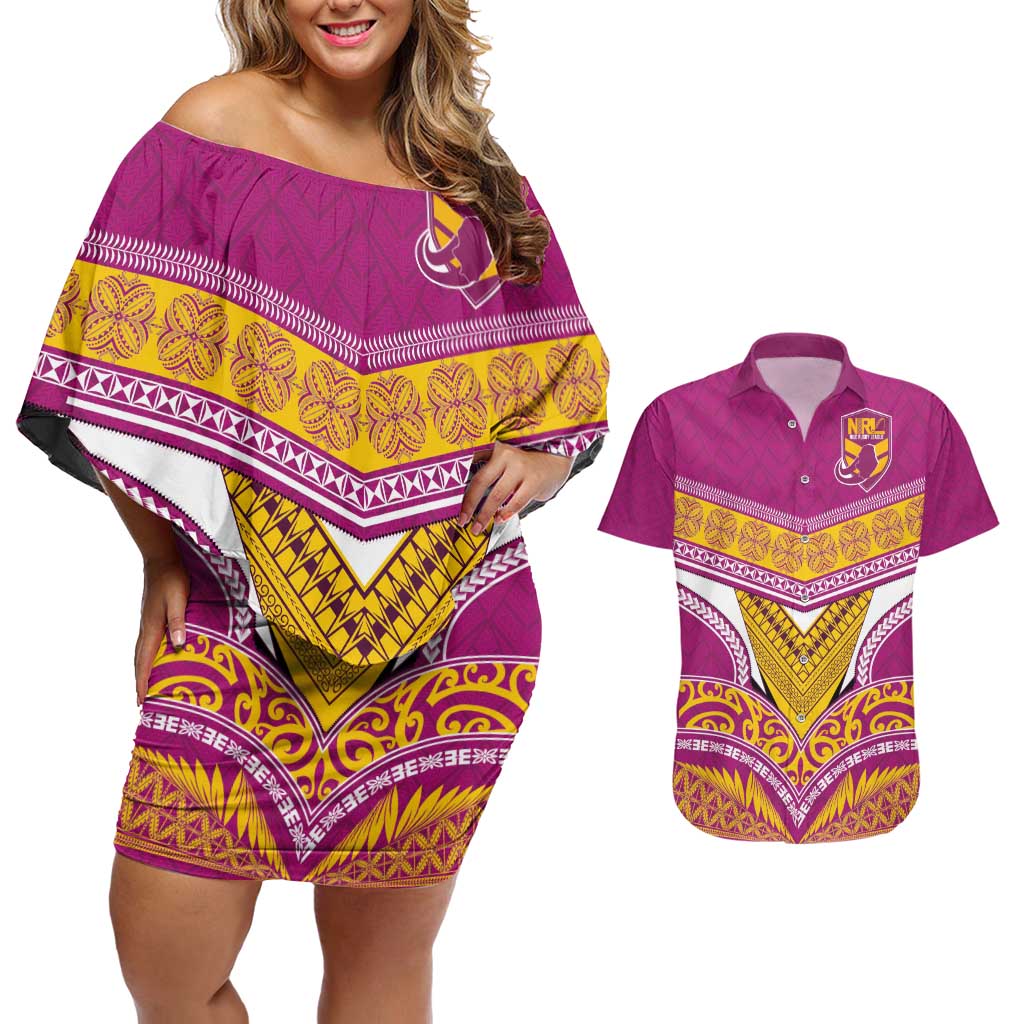 Custom Rugby Niue Couples Matching Off Shoulder Short Dress and Hawaiian Shirt Hiapo Tribal Heritage Tattoos Pink Color - Polynesian Pride