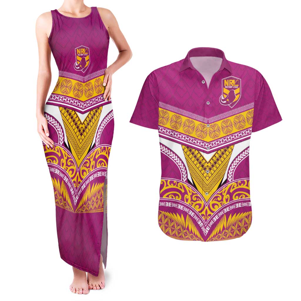 Custom Rugby Niue Couples Matching Tank Maxi Dress and Hawaiian Shirt Hiapo Tribal Heritage Tattoos Pink Color - Polynesian Pride