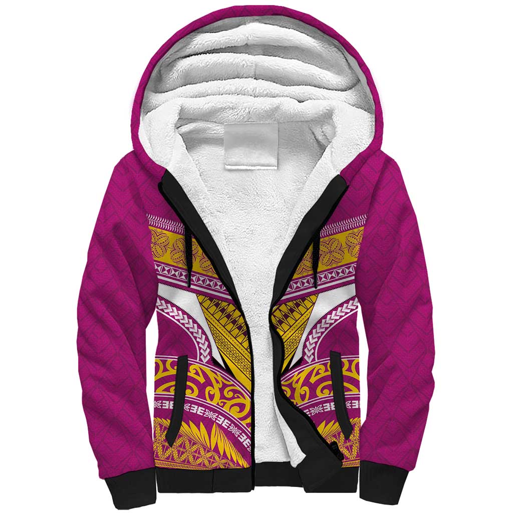 Custom Rugby Niue Sherpa Hoodie Hiapo Tribal Heritage Tattoos Pink Color - Polynesian Pride
