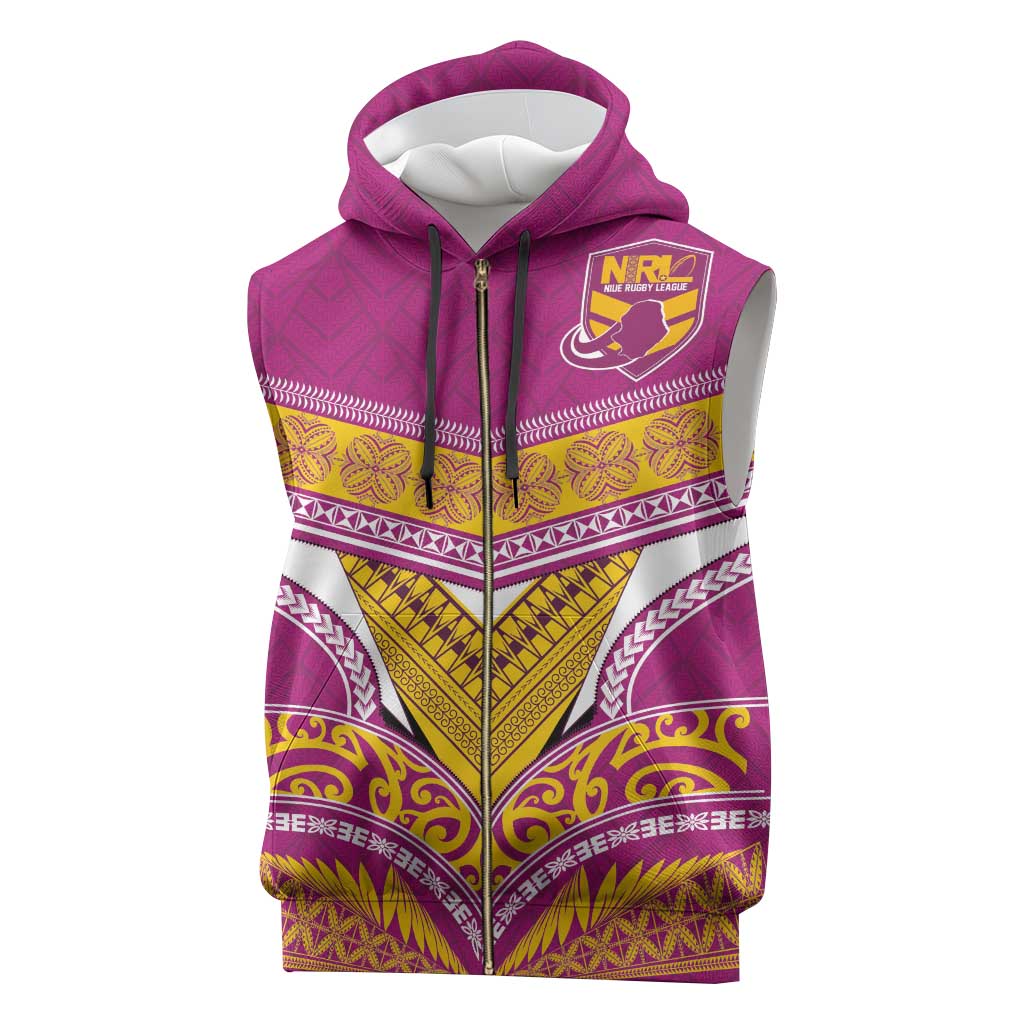 Custom Rugby Niue Sleeveless Zip Hoodie Hiapo Tribal Heritage Tattoos Pink Color - Polynesian Pride