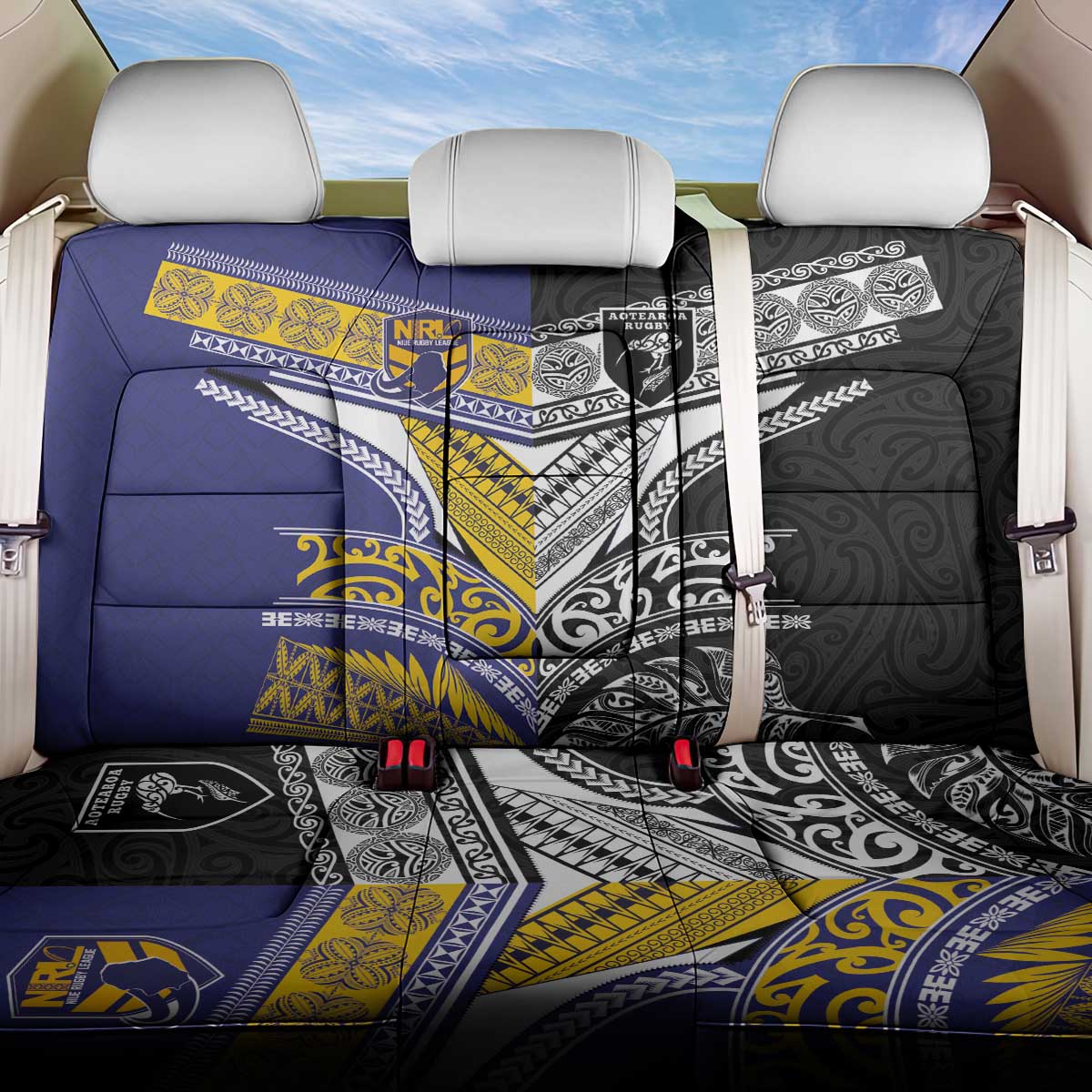 Rugby Niue and Aotearoa Back Car Seat Cover Hiapo with Maori Moko Tribal Heritage Tattoos LT03 One Size Black - Polynesian Pride