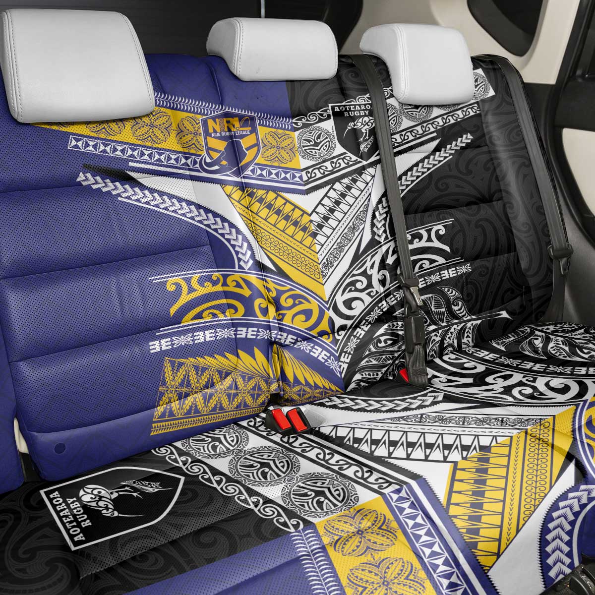 Rugby Niue and Aotearoa Back Car Seat Cover Hiapo with Maori Moko Tribal Heritage Tattoos LT03 - Polynesian Pride