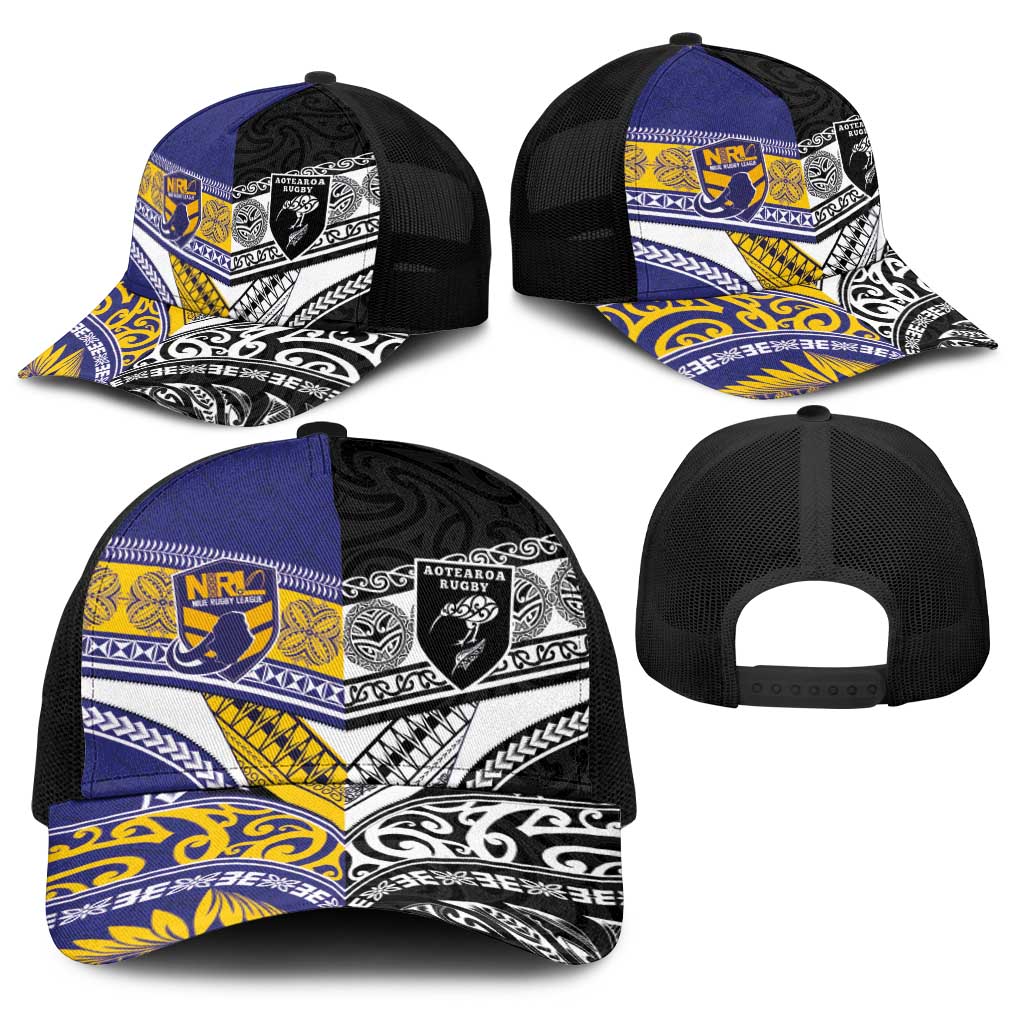 Niue and Aotearoa Rugby Baseball Net Cap Hiapo with Maori Moko Tribal Heritage Tattoos - Polynesian Pride
