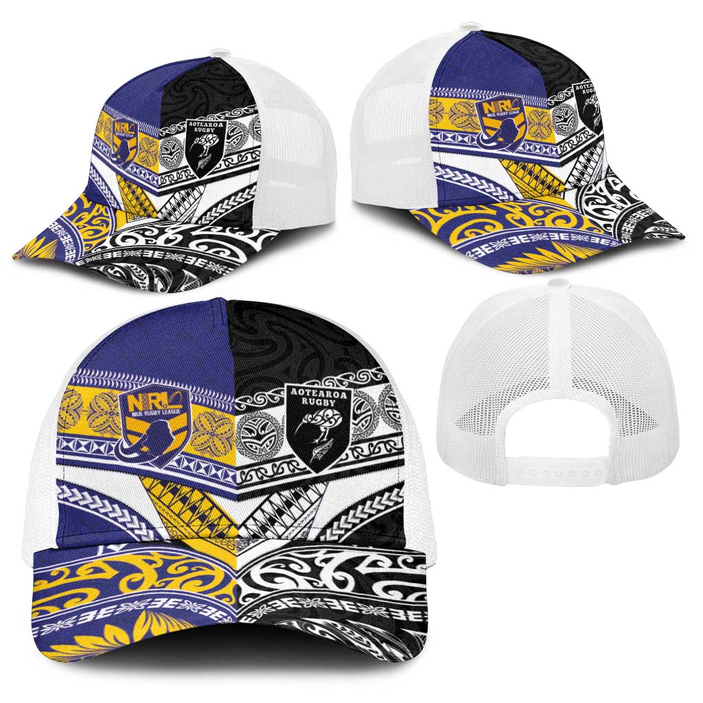 Niue and Aotearoa Rugby Baseball Net Cap Hiapo with Maori Moko Tribal Heritage Tattoos - Polynesian Pride