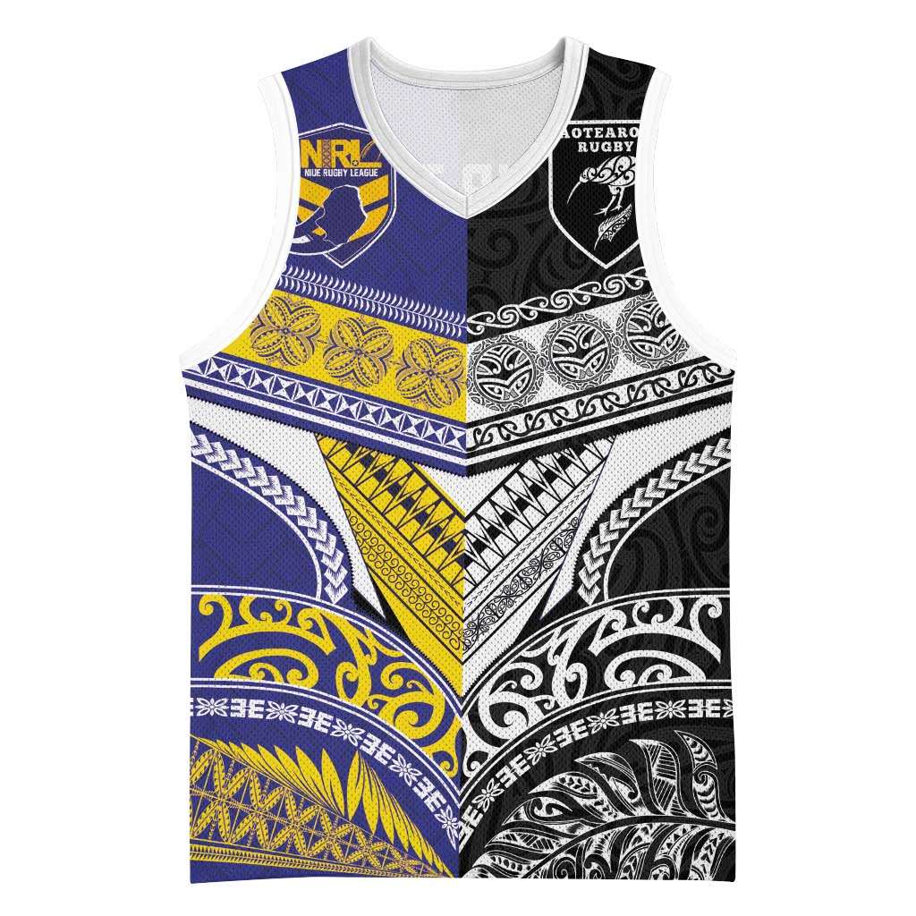 Custom Rugby Niue and Aotearoa Basketball Jersey Hiapo with Maori Moko Tribal Heritage Tattoos LT03 Unisex Black - Polynesian Pride
