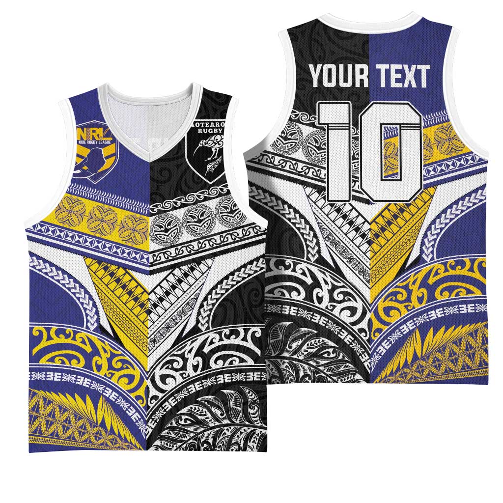 Custom Rugby Niue and Aotearoa Basketball Jersey Hiapo with Maori Moko Tribal Heritage Tattoos LT03 - Polynesian Pride