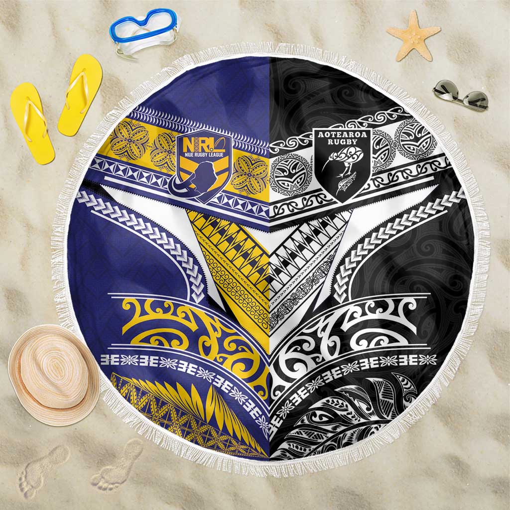 Rugby Niue and Aotearoa Beach Blanket Hiapo with Maori Moko Tribal Heritage Tattoos - Polynesian Pride