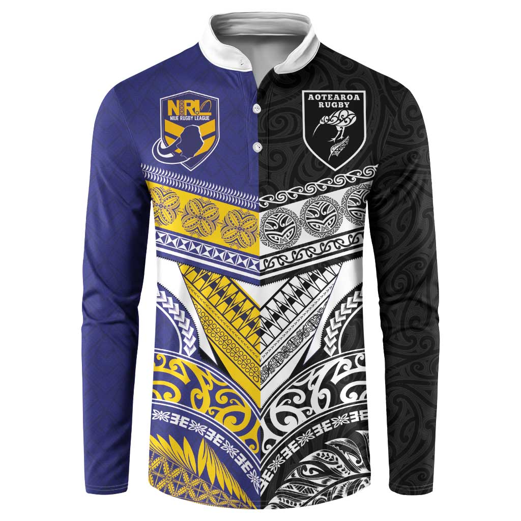 Custom Rugby Niue and Aotearoa Button Sweatshirt Hiapo with Maori Moko Tribal Heritage Tattoos - Polynesian Pride