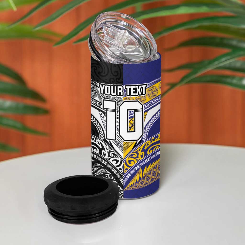 Custom Rugby Niue and Aotearoa 4 in 1 Can Cooler Tumbler Hiapo with Maori Moko Tribal Heritage Tattoos LT03 - Polynesian Pride