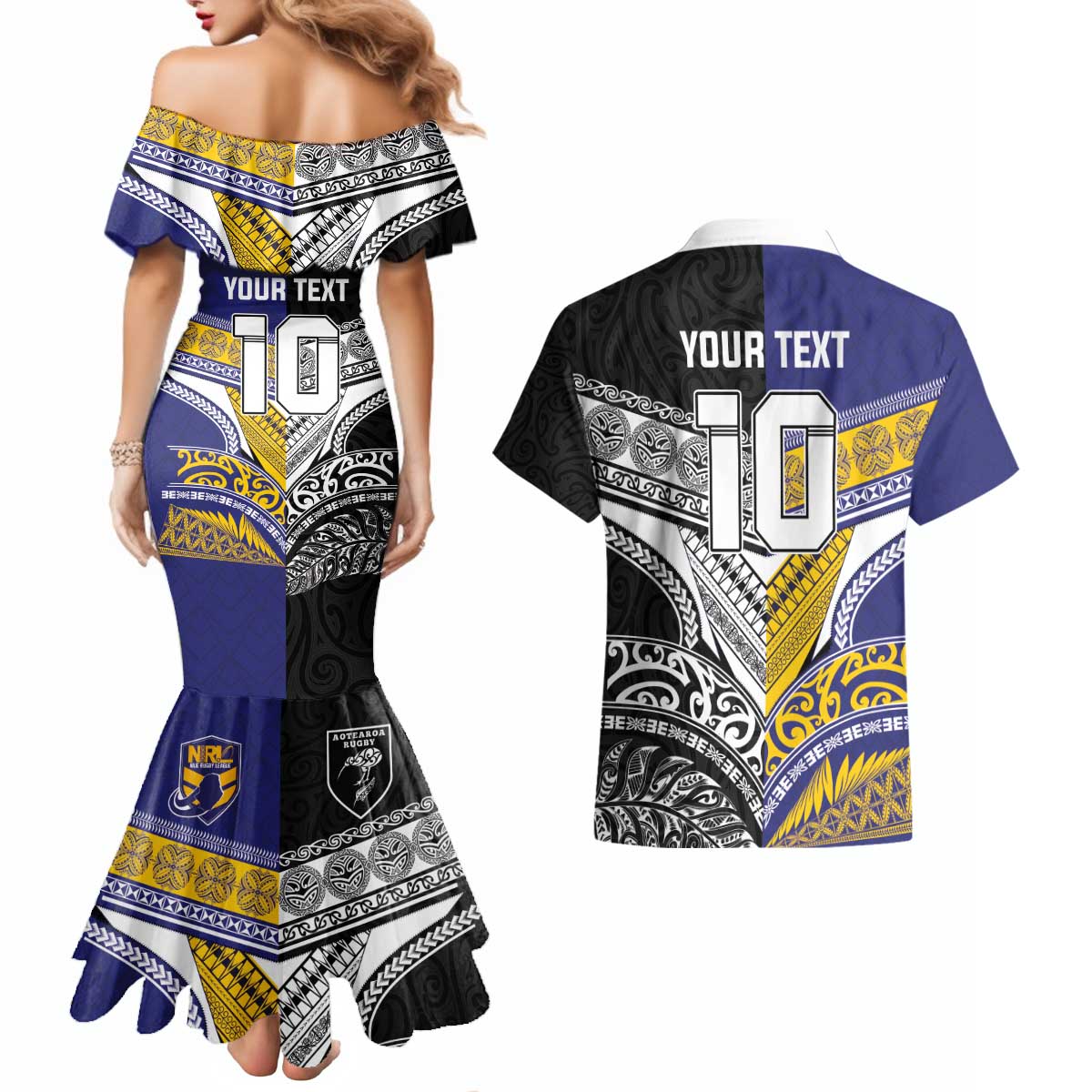 Custom Rugby Niue and Aotearoa Couples Matching Mermaid Dress and Hawaiian Shirt Hiapo with Maori Moko Tribal Heritage Tattoos LT03 - Polynesian Pride