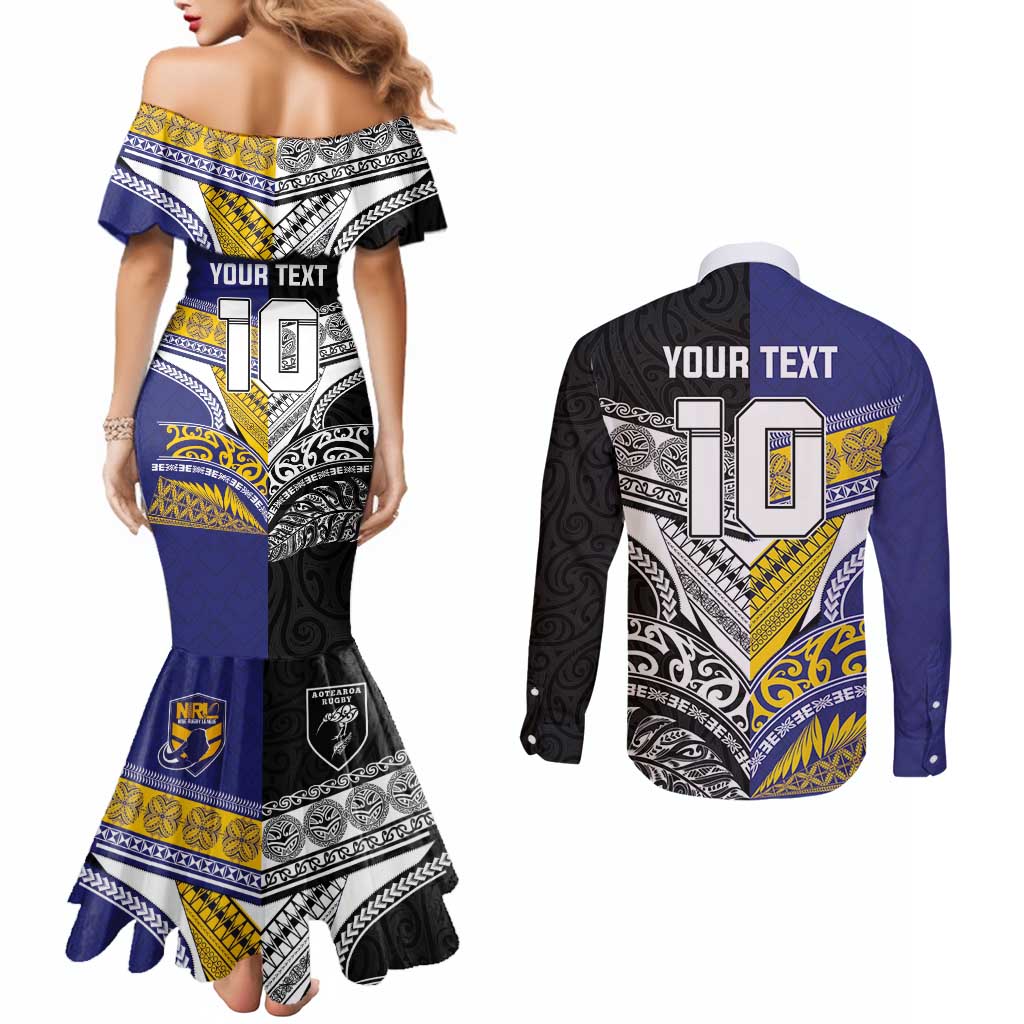 Custom Rugby Niue and Aotearoa Couples Matching Mermaid Dress and Long Sleeve Button Shirt Hiapo with Maori Moko Tribal Heritage Tattoos LT03 - Polynesian Pride