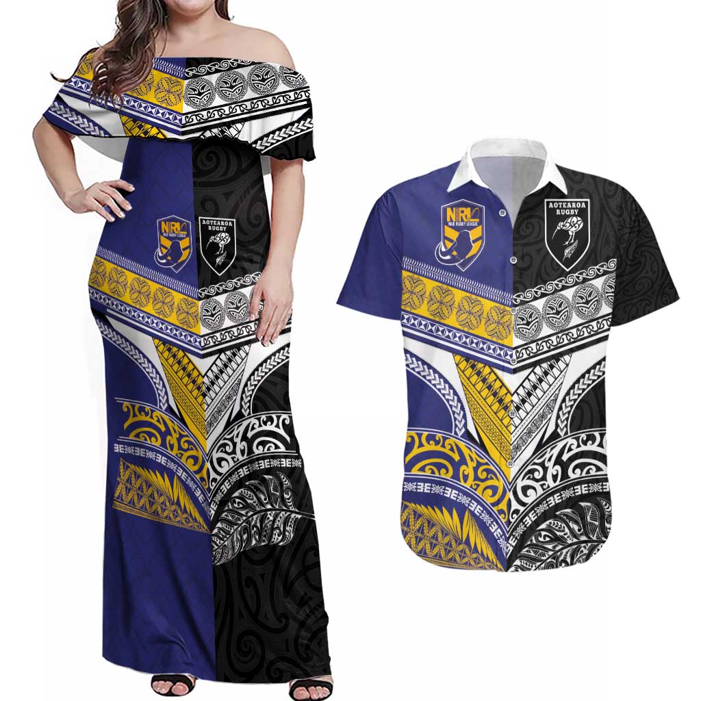 Custom Rugby Niue and Aotearoa Couples Matching Off Shoulder Maxi Dress and Hawaiian Shirt Hiapo with Maori Moko Tribal Heritage Tattoos LT03 Black - Polynesian Pride