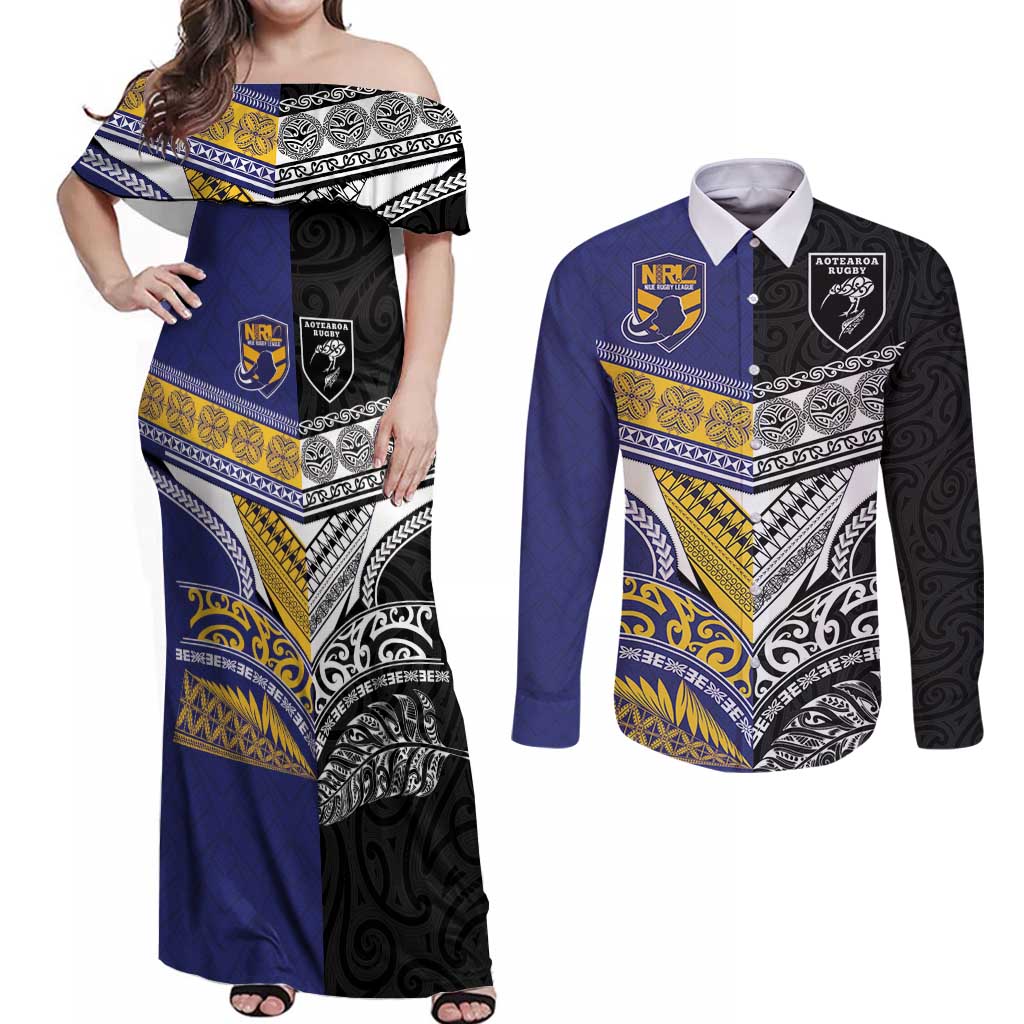 Custom Rugby Niue and Aotearoa Couples Matching Off Shoulder Maxi Dress and Long Sleeve Button Shirt Hiapo with Maori Moko Tribal Heritage Tattoos LT03 Black - Polynesian Pride