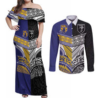 Custom Rugby Niue and Aotearoa Couples Matching Off Shoulder Maxi Dress and Long Sleeve Button Shirt Hiapo with Maori Moko Tribal Heritage Tattoos LT03 Black - Polynesian Pride