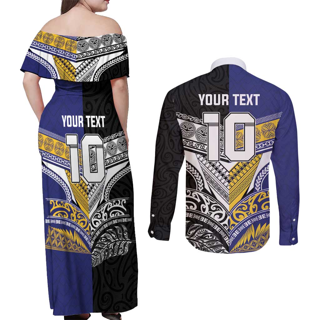 Custom Rugby Niue and Aotearoa Couples Matching Off Shoulder Maxi Dress and Long Sleeve Button Shirt Hiapo with Maori Moko Tribal Heritage Tattoos LT03 - Polynesian Pride