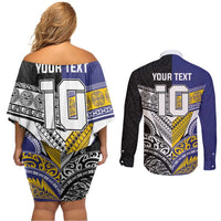 Custom Rugby Niue and Aotearoa Couples Matching Off Shoulder Short Dress and Long Sleeve Button Shirt Hiapo with Maori Moko Tribal Heritage Tattoos LT03 - Polynesian Pride