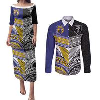 Custom Rugby Niue and Aotearoa Couples Matching Puletasi and Long Sleeve Button Shirt Hiapo with Maori Moko Tribal Heritage Tattoos LT03 Black - Polynesian Pride