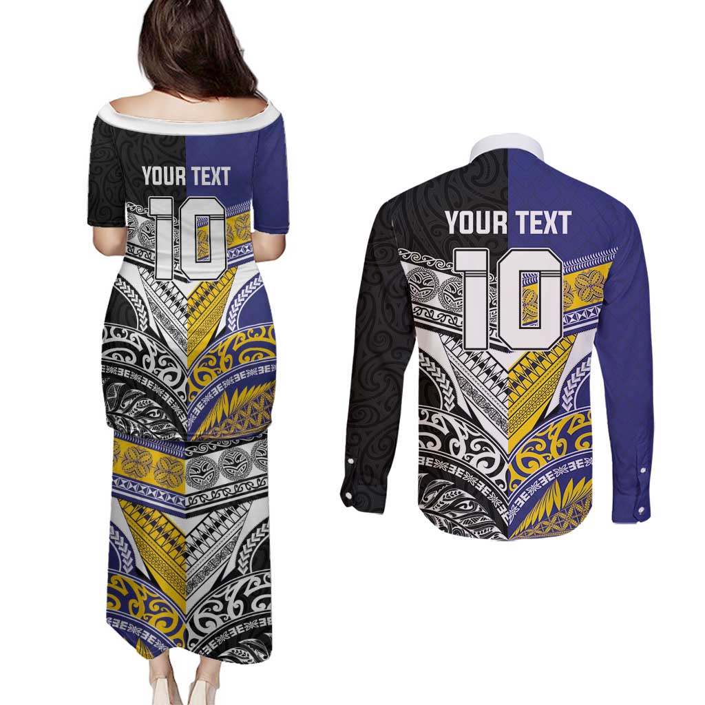 Custom Rugby Niue and Aotearoa Couples Matching Puletasi and Long Sleeve Button Shirt Hiapo with Maori Moko Tribal Heritage Tattoos LT03 - Polynesian Pride